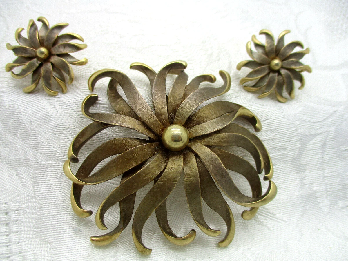 VINTAGE ESTATE JEWELRY SET SIGNED PASTELLI FLOWER BROOCH PIN CLIP EARRINGS