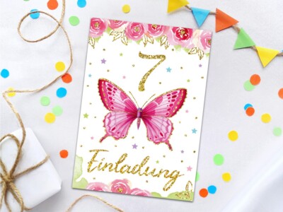 Einladungskarten zum 7. Kindergeburtstag Mädchen Schmetterling siebte Geburtstag