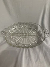 VINTAGE ANCHOR HOCKING OYSTER PEARL DIVIDED CLEAR SERVING DISH  HANDLES
