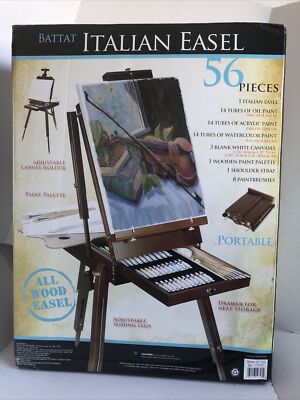 Battat 56 piece Italian Easel Set :8 brushes 42 paint 3 canvases SOLID WOOD CASE