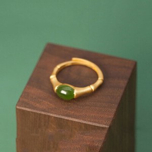 Authentic Green Natural Jade Bamboo Rings Amulet Real Jewelry Charm 18K Gold Plated