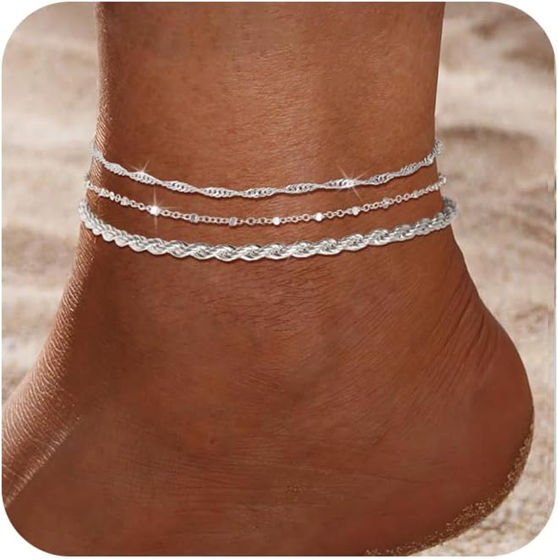 2/3Pcs Silver Herringbone Anklet Set for Women - Dainty Layered Ankle Bracelets