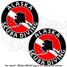 ALASKA SCUBA DIVING Flag-Map Shape USA Circular Vinyl Stickers, Decals 75mm x2