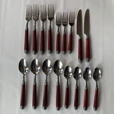 Hampton Silversmiths Red Marble Swirl Plastic Handle Flatware Gothic 17 pc Lot