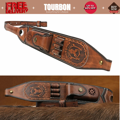 Tourbon Leather Rifle Sling Gun Ammo Carry Strap 2 Points w/Knife Sheath Pocket