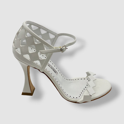 $980 Manolo Blahnik Women's White Kalun Cutout Patent Stiletto Sandal Shoes 38.5
