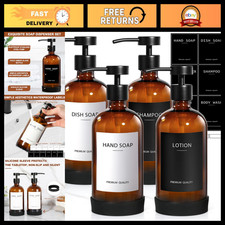 4 Pack Amber Glass Soap Dispenser Set - Stainless Steel Pump, 16.9 oz Kitchen
