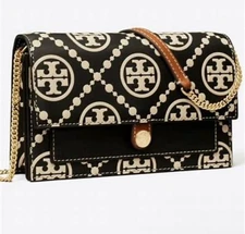 Tory Burch $420 T Monogram Contrast Embossed Chain Wallet Black Cream NWT