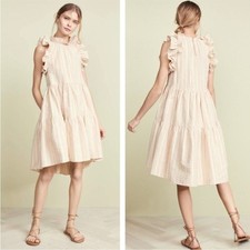 Ulla Johnson Tasmin Midi Dress in Natural Stripes Metallic Accent Ruffles 4