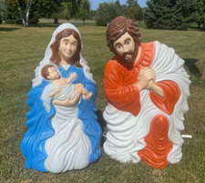 Vintage 2 Pc Set Grand Venture Blow Mold Lighted Nativity Jesus Mary Joseph 27"