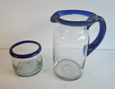 Handblown Mexican Recycled Glass Pitcher 16 Oz Cobalt Blue Rim And Glass 5 Oz