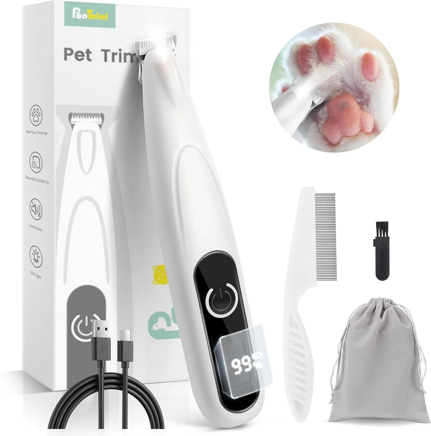 Dog Grooming Kit with LED Display, 35dB Ultra-Low Noise Dog Paw Trimmer, Cordles