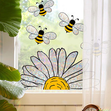 5Pcs Spring Summer Bee Sunflower Window Stickers, Double-Side Glass Decals Shiny