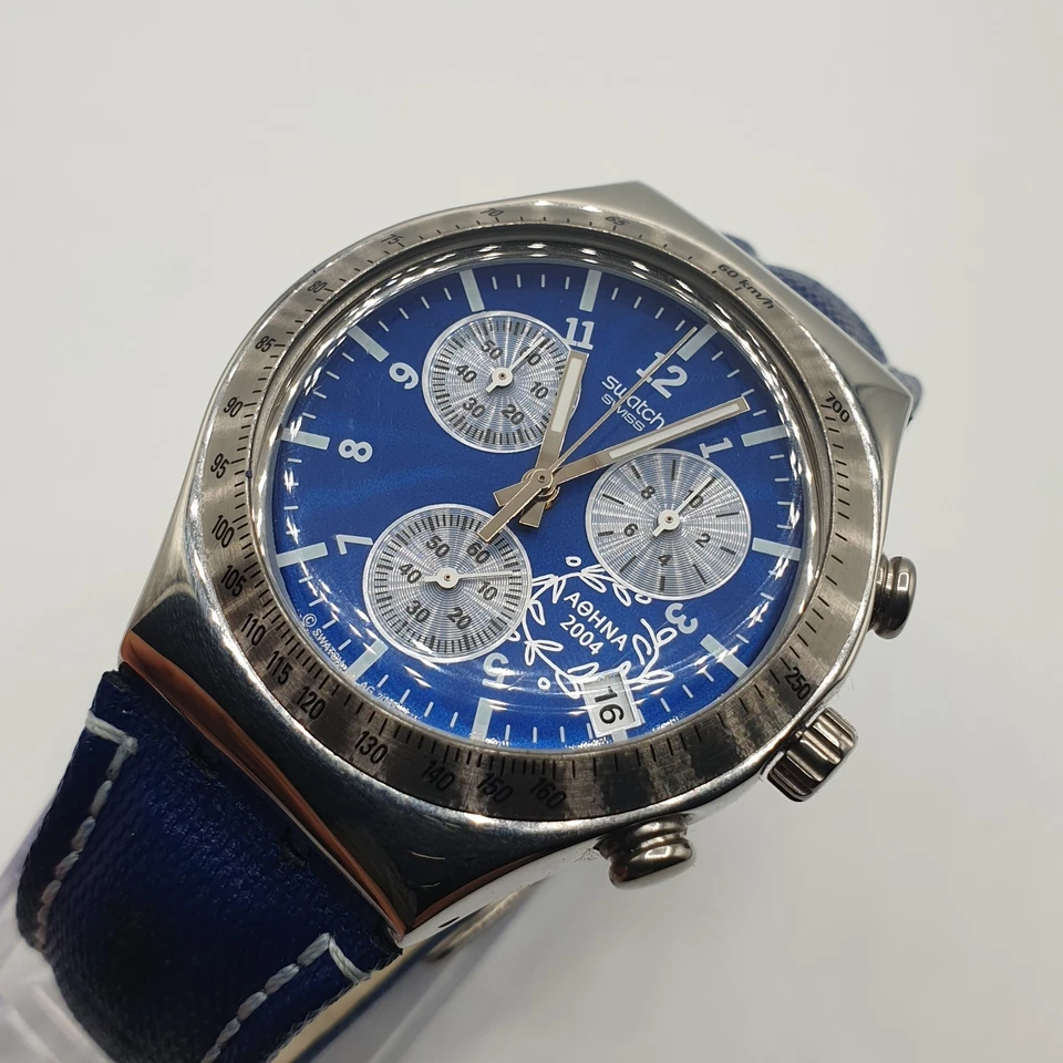 Montre SWATCH Irony Chrono Édition Athènes 2004 Cadran Bleu Acier Boîte Origine - Photo 3/4