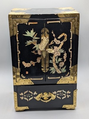 Vintage Chinese Wooden Jewellery Box in Black Lacquer Inlay Drawer Brass