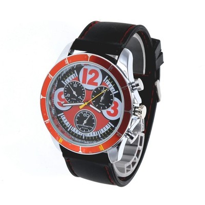 Big Bezel Fashion Chronograph Sport Style Rubber Band Red Dial Men's Watch