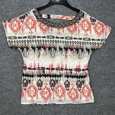 AB Studios Womens Size XL Red White Black Pattern Beaded Blouse Top Shirt EUC