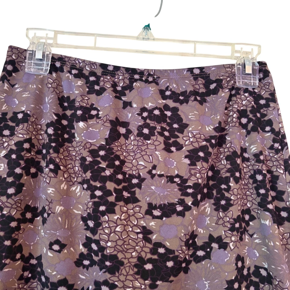 Falda midi floral vintage Y2K BCBG Paris marrón púrpura negro con volantes dobladillo para mujer S Foto 3 de 4