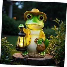 Solar Garden Outdoor Frog Statue 10 inches Tall - with Handheld Lanterns Medium