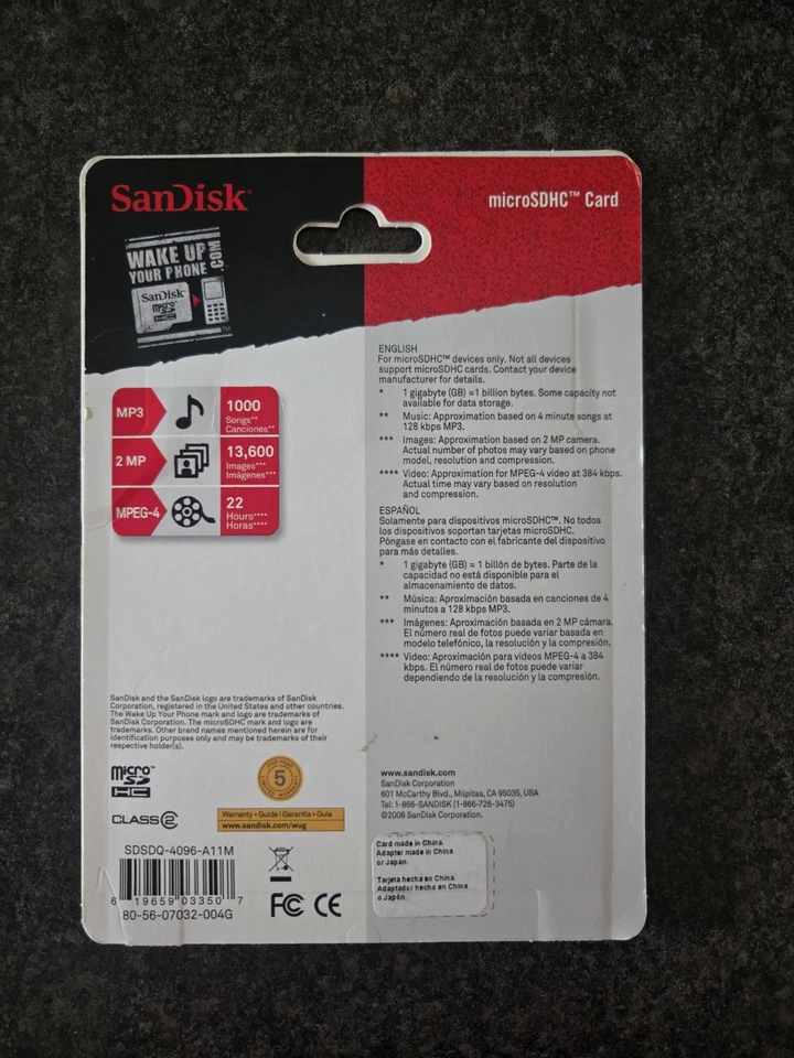 SanDisk 4GB Class 4 - MicroSDHC Card - SDSDQ004GA46A New And Sealed!! - Image 2 of 2