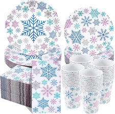 250 Pcs Christmas Snowflake Plates and Napkins Cups Dinnerware Set Blue Pink Sil