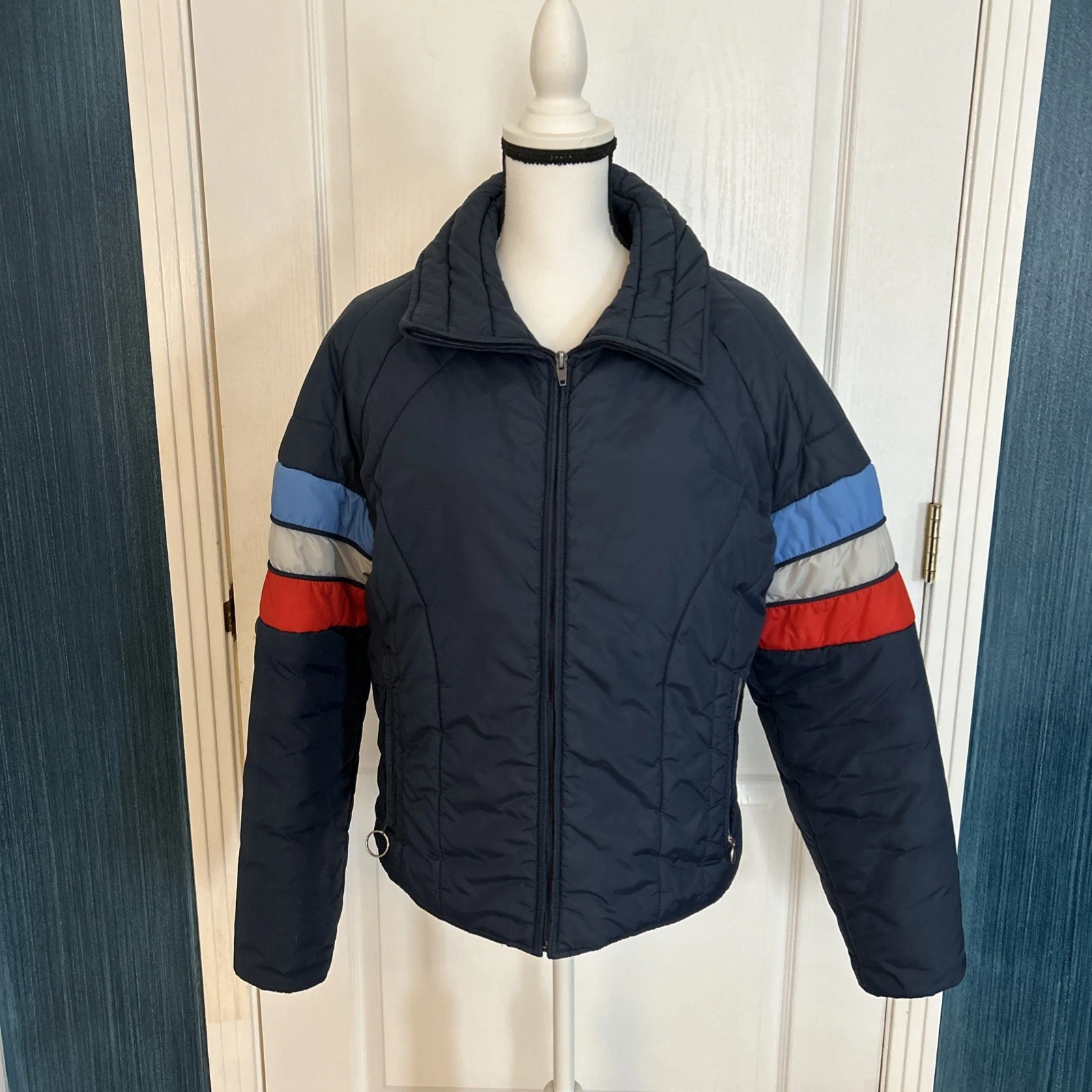 Vintage 70s Roffe Ski Jacket Snow Coat Navy Blue Red Grey Striped Size M*