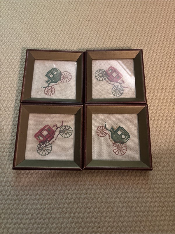 Vintage Framed Needlework Carriages Set of 4