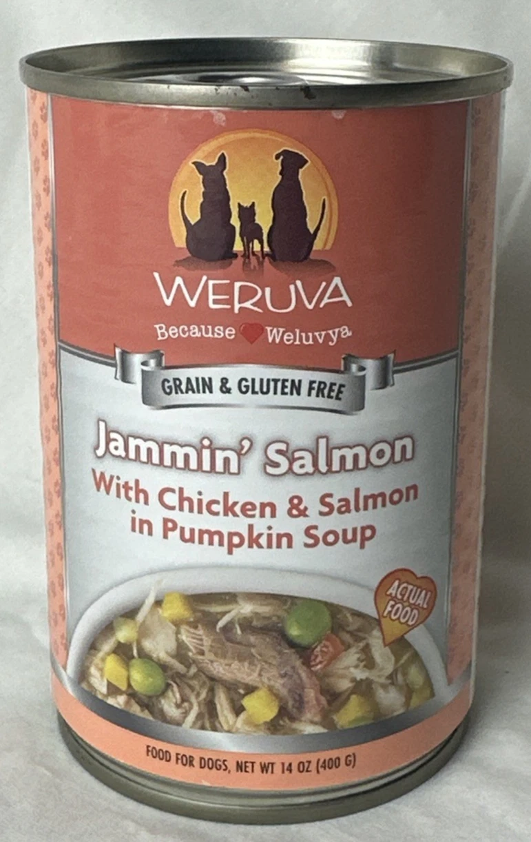 Case Of 12 WERUVA Jammin Salmon Wet Dog Food Chicken Pumpkin Soup 14oz No Gluten