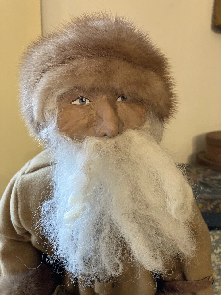 Vintage Primitive Country Store Santa Clay Face Real Fur Hat 22" Signed - Image 2 of 4