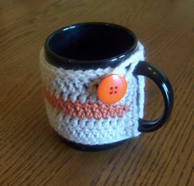 Hand Crochet Tan & Orange Buttoned Coffee Mug Cozy - Image 1 of 3