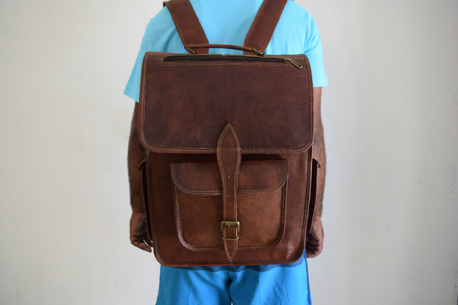 16"" Men's Leather Vintage Backpack Shoulder Bag Messenger Bag Rucksack Sling Bag