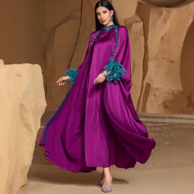Dubai Women Loose Kaftan Kimono Maxi Dress 2 Piece Set Muslim Abaya Evening Gown