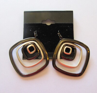 Fashion Earrings - four open diamond shapes - silver and black  french wire