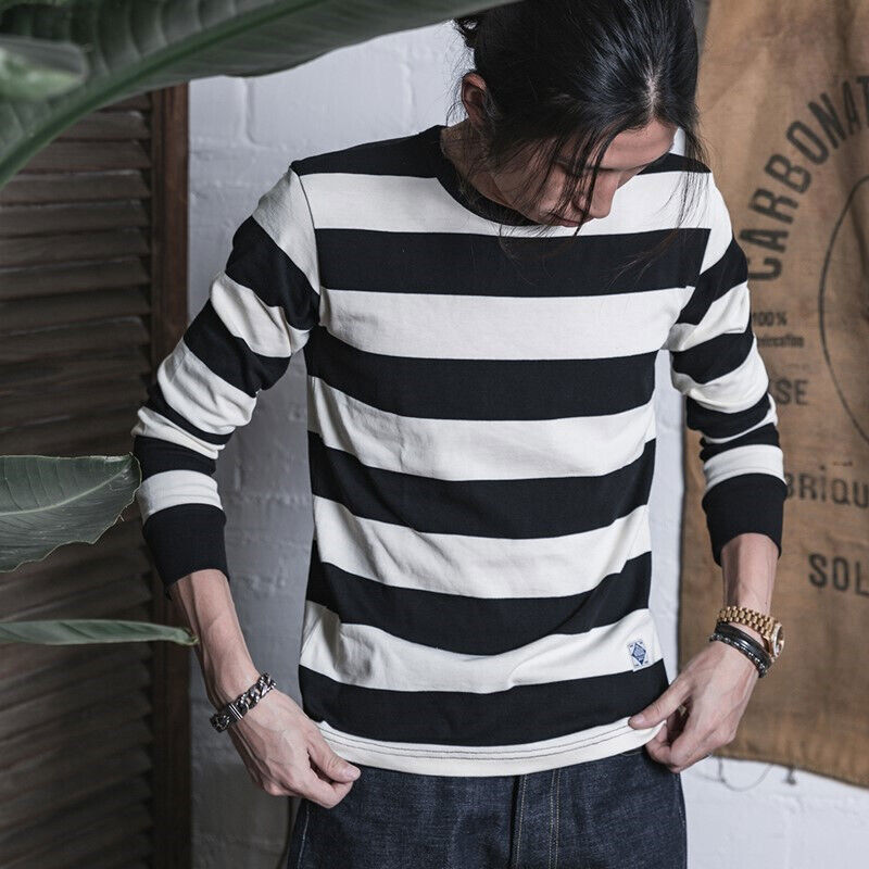 SIN STOCK Hombres Prisionero Rayas Manga Larga Camiseta Informal Algodón Cuello Redondo Camisa