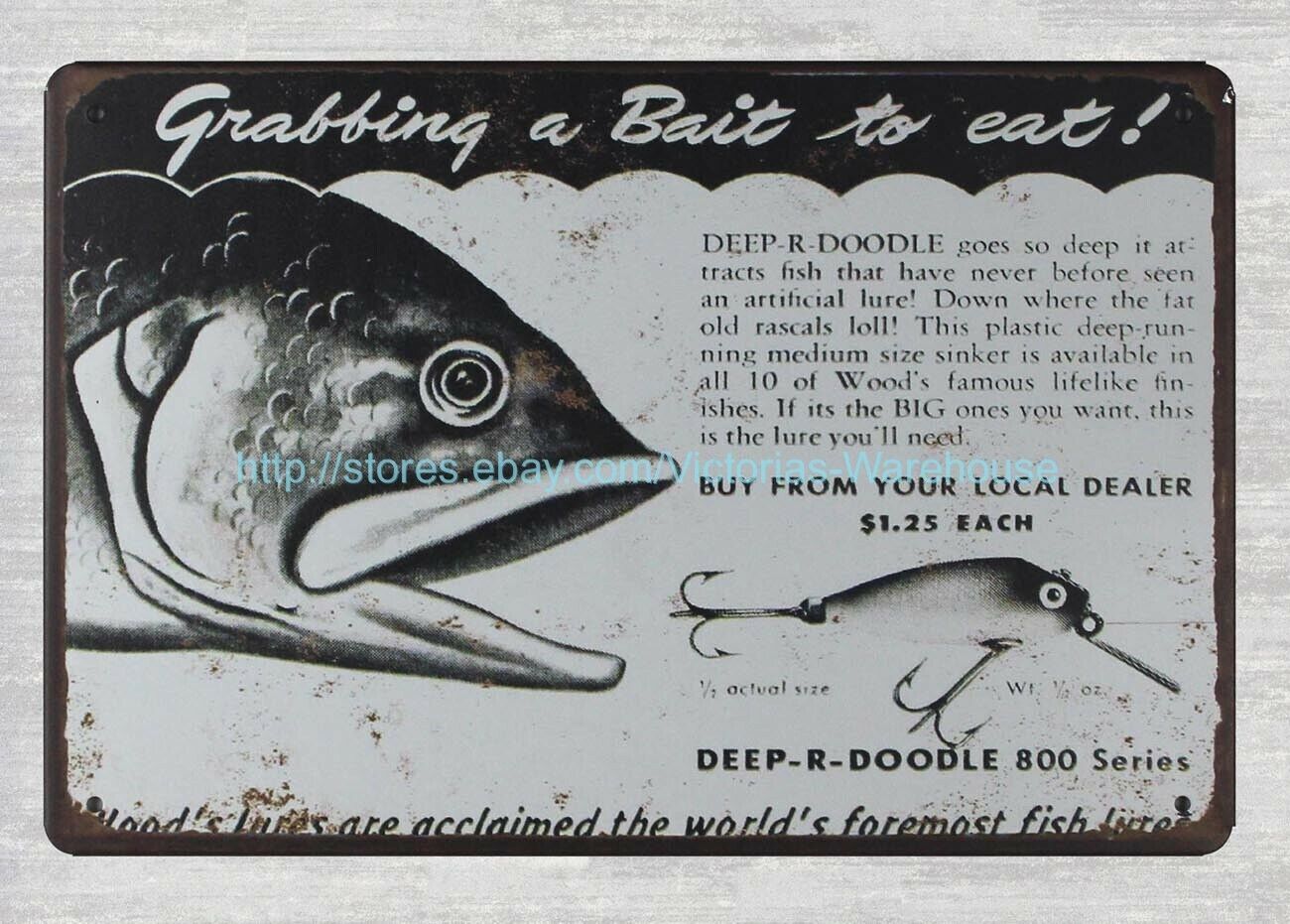 Vintage 1950 Deep-R-Doodle Fishing Lure Metal Tin Sign Wall Art-image