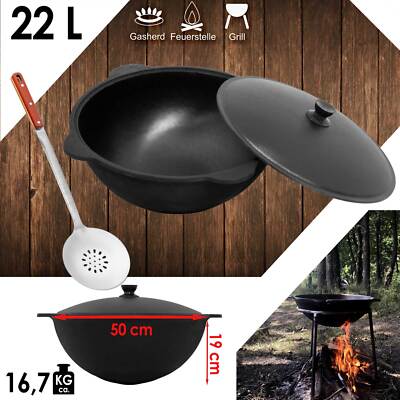 Gusseisen Kasan 22L rund NAMANGAN Deckel Campingtopf WOK Kessel Schaumkelle BBQ