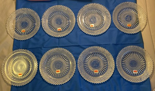 Vintage Full Set Of 8 Lead Crystal Plates Diamond Pattern 8” Across 1970 In Box - Picture 2 of 13