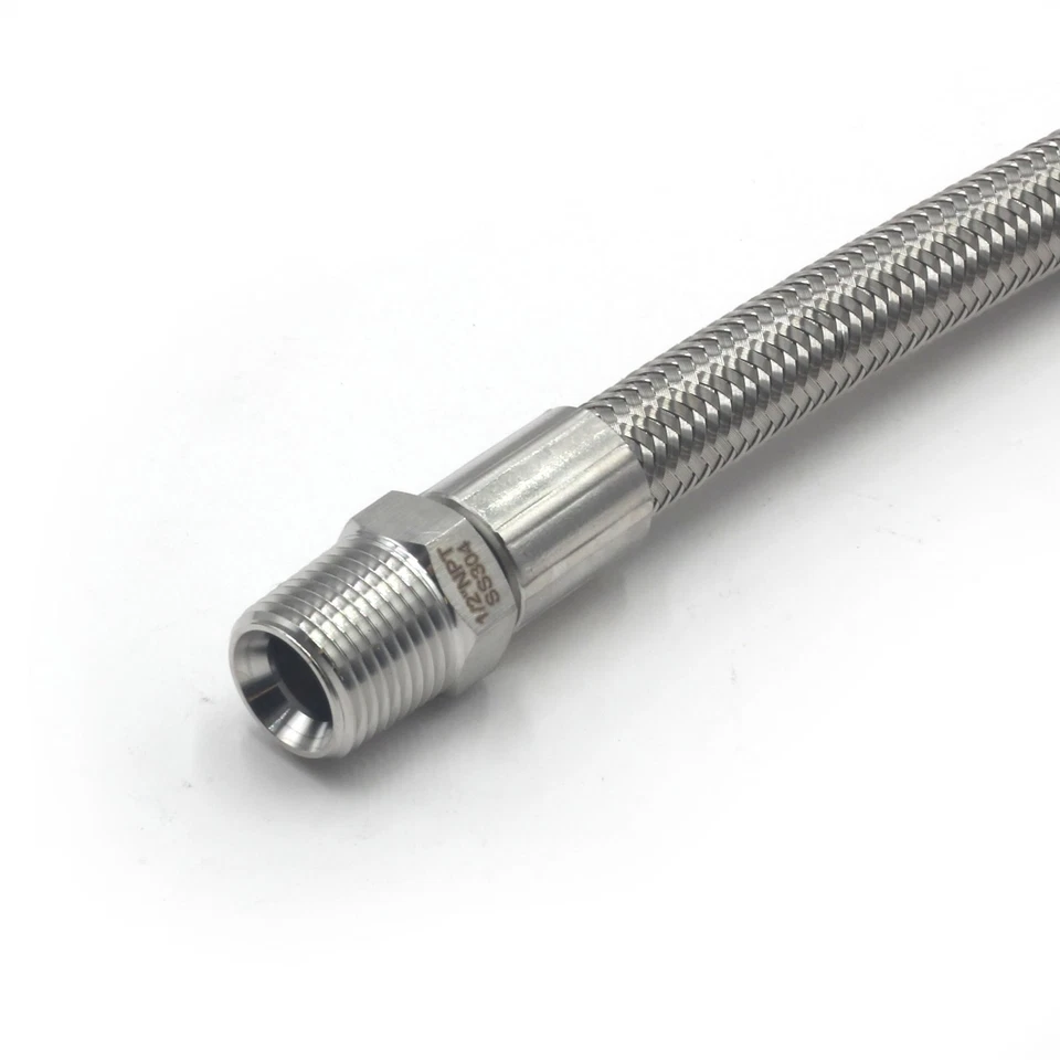 HFS(R) 1/2" Male NPT Stainless Steel Braided Hose 12" Length PTFE Liner 1500PSI - Image 4 of 4
