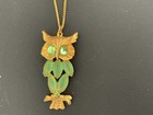 Vintage Gold Tone Green Rhinestone Owl Necklace — photo 3