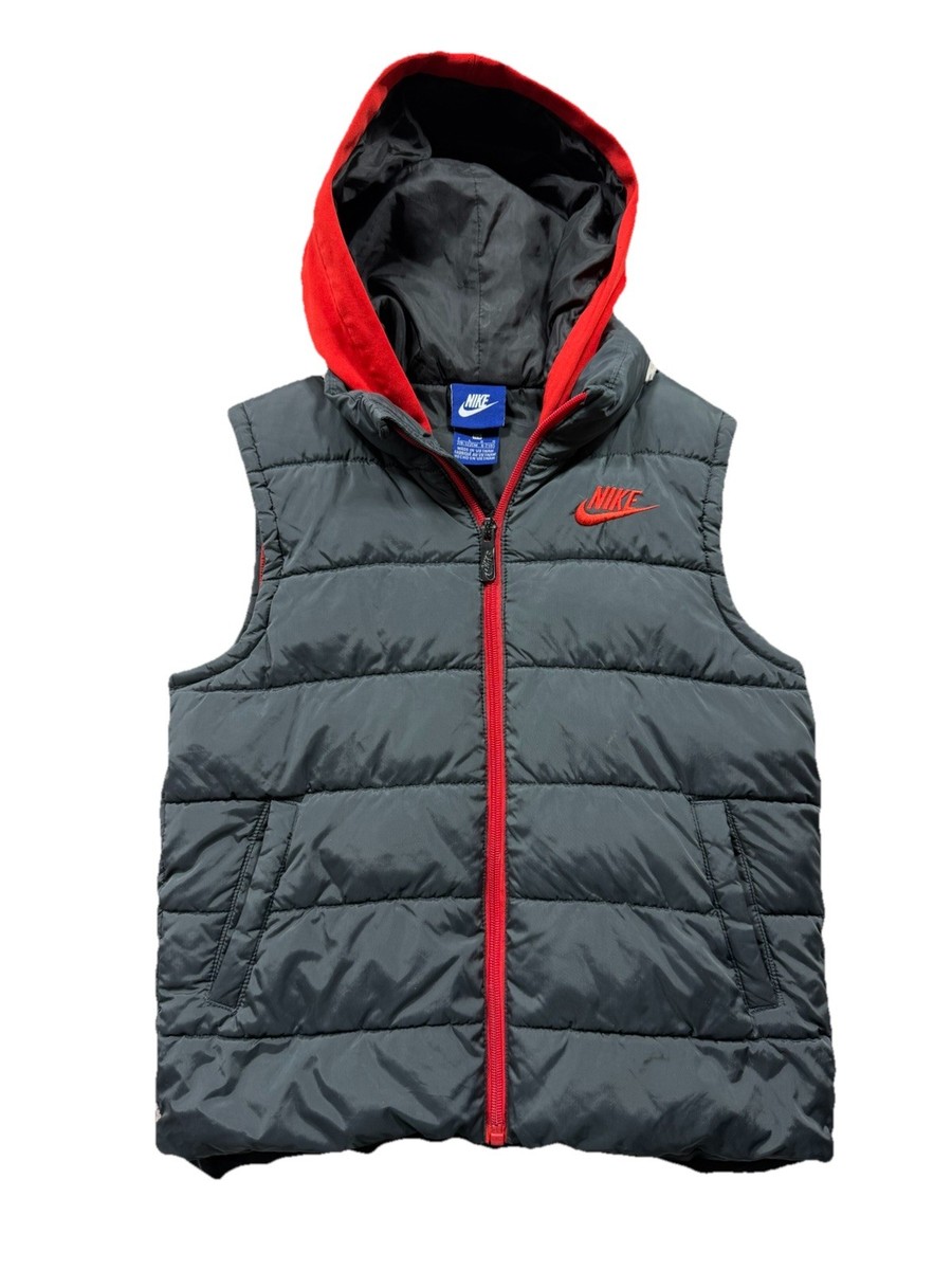 Nike Black & Red 116-122CM Full Zip Puffer Hooded Vest Kids Size 7