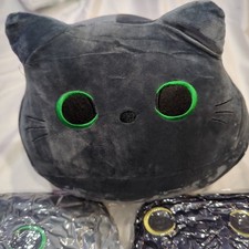 3 Cute Stuffed Fat CAT Pillows, Toys, 2 Grey Cats, 1 Black Cat-Decor Christmas