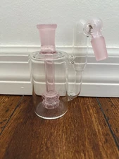 14MM CLEAR GLASS WATER PIPE ASH CATCHER CLEAR DOUBLE SHOWER PERC 45DEGREE PINK