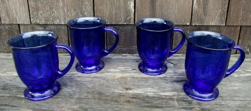 4 Vtg Anchor Hocking Cobalt Blue Glass Footed Mugs with handles 16oz NEW w/label