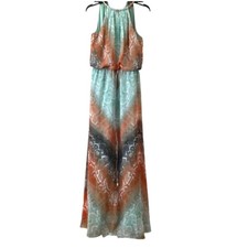 Vince Camuto Watercolor Halter Style Boho print Gold Link High Neck Maxi Dress