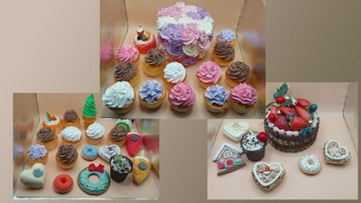 Lot of 40+ artificial / faux / foam dessert food items - pastries, cupcakes