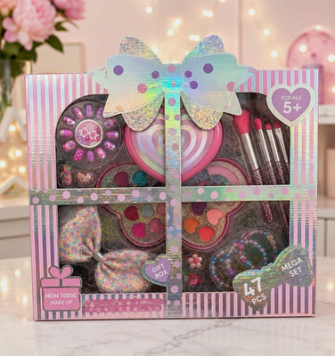 Kids Non-Toxic 47pc Makeup Set Press-On Nails Brushes Bracelet Pink