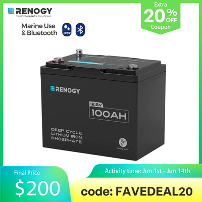 Renogy 12V 100Ah Smart Bluetooth LiFePO4 Lithium Battery For Trolling Motor