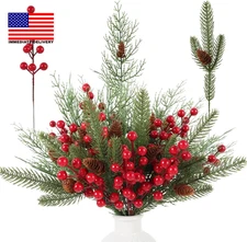 60Pcs Christmas Artificial Pine Branches,Faux Pine Needles with Pine Cones Berry