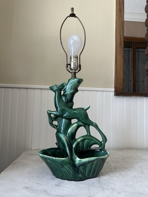 Rare VTG Phil Mar 1950 s Green Leaping Deer Lamp Planter 25  MCM w Harp & Finial