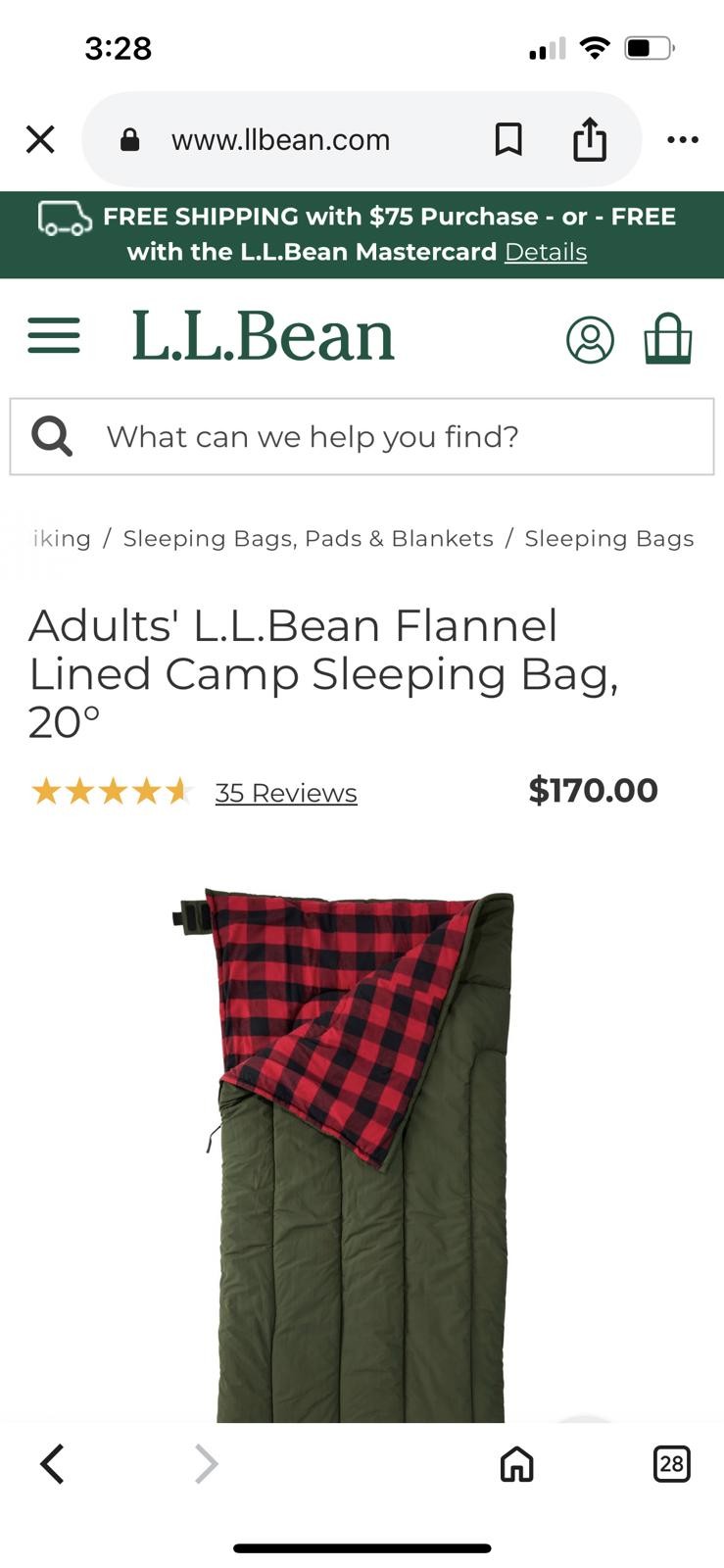 L.L.Bean XL 20°F Flannel Lined Camp Bag